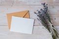 Empty white envelope paper card note template mock up. Copy space for your text. Lavender flower. Greeting or invitation Royalty Free Stock Photo