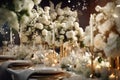 empty white festive wedding table with candles and utensils, preparation for a banquet generative ai