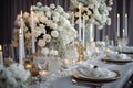 empty white festive wedding table with candles and utensils, preparation for a banquet generative ai