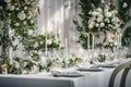 empty white festive wedding table with candles and utensils, preparation for a banquet generative ai