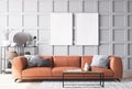 Empty white frame mock up. Orange leather sofa in Scandinavian living room. Gray background wall, home decoration Royalty Free Stock Photo