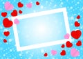 Empty white frame and red pink heart shape for template banner valentines card background, many hearts shape on blue gradient soft