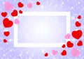 Empty white frame and red pink heart shape for template banner valentines card background, many hearts shape on purple gradient