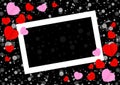 Empty white frame and red pink heart shape for template banner valentines card black background, many hearts shape on black