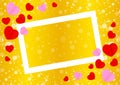 Empty white frame and red pink heart shape for template banner valentines gold background, many hearts shape on gold gradient soft