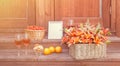 Empty white frame, strawberry, rose wine, cookies, lilies and oranges on steps of rustic wooden ladder. View with copy space Royalty Free Stock Photo