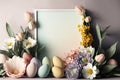 Empty white frame for text with beautiful flowers and Easter eggs. Botanical art. Mockup template. Generative AI