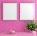 Empty White Frames On Pink Hexagonal Wall Royalty Free Stock Photo