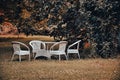 Empty and white garden table and chairs in a garden in autumn. Royalty Free Stock Photo