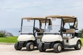 Empty white golf carts parked side by side