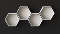 Empty white hexagons shelves on blank wall background. 3D rendering.