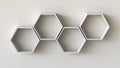 Empty white hexagons shelves on blank wall background. 3D rendering.