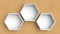 Empty white hexagons shelves on wooden wall background, 3D rendering