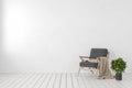 Empty white interior, blank wall with lounge armchair, plant lemon tree.