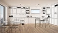 Empty white interior with parquet floor and big panoramic window, custom architecture design project, black ink sketch, blueprint
