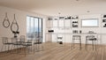 Empty white interior with parquet floor and big panoramic window, custom architecture design project, black ink sketch, blueprint