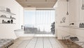 Empty white interior with parquet floor, custom architecture design project, black ink sketch, blueprint showing luxury bathroom