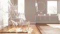 Empty white interior with parquet floor and windows, custom architecture design project, white ink sketch, blueprint showing