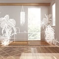 Empty white interior with parquet floor and windows, custom architecture design project, white ink sketch, blueprint showing
