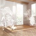 Empty white interior with parquet floor and windows, custom architecture design project, white ink sketch, blueprint showing