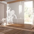 Empty white interior with parquet floor and windows, custom architecture design project, white ink sketch, blueprint showing