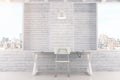 Empty white interior with table, chair, brick wall and windows Royalty Free Stock Photo