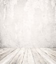 Empty a white interior of vintage room - gray grunge concrete wall and old wood floor. Royalty Free Stock Photo