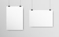 Empty white mockup set. Poster A4 hanging on a gray wall. White paper with soft shadow. Realistic banner on a rope