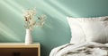 Empty white modern mid century bedside table bed embroidered pillowcase in sunlight on turquoise blue pastel green wall bedroom Royalty Free Stock Photo