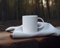 Empty white mug on top of wooden table with dish towel