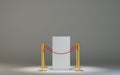 Empty white museum podium with barrier tape