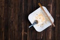 Empty white noodle bowl with spoon and chopsticks after eat on w Royalty Free Stock Photo
