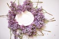 Empty white oval frame with lilac branches. blank with flowers. mockup card for spring womans day Royalty Free Stock Photo