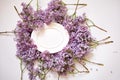 Empty white oval frame with lilac branches. blank with flowers. mockup card for spring womans day