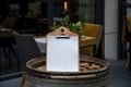 Empty white paper menu on restaurant entrance. Modern and cozy cafe or bar facade with tables and chairs on outdoor patio. Royalty Free Stock Photo