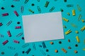 Empty white paper note frame border of school stationery supplies. Copy space for your text or Educational greeting Royalty Free Stock Photo