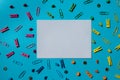 Empty white paper note frame border of school stationery supplies. Copy space for your text or Educational greeting Royalty Free Stock Photo