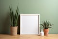 Empty White Photo Frame on Wooden Table with Houseplants on Green Wall Background