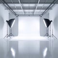 Empty White Photography Studio with Lighting Equipment and Gray Concrete Floor Royalty Free Stock Photo