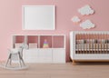 Empty white picture frame on pink wall in modern child room. Mock up interior in scandinavian style. Free, copy space Royalty Free Stock Photo