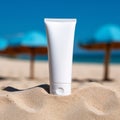 Empty white plastic tube. Sunscreen lotion on sandy beach