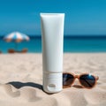 Empty white plastic tube. Sunscreen lotion on sandy beach