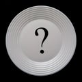 Empty white plate on a black background with a question mark