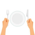 Empty white plate and hands with fork and knife.