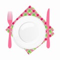 Empty white plate with a pink knife and fork on a checkered napkin Royalty Free Stock Photo