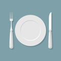 Empty white plate top view. Knife and fork. Cutlery. Vector illu