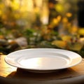 Empty white plate on wooden table with blurred background, AI Royalty Free Stock Photo