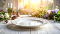Empty White Plate on Wooden Table with Blurred Floral Background and Sunlight ceramic dish Royalty Free Stock Photo
