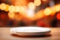 Empty white plates on table with blurred background, AI