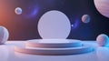 Generative AI Illustration An empty white podium against the backdrop of blue purple planets outer space. for product display Royalty Free Stock Photo